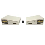 Two white Skyhook Modular Plyo Boxes with skyhook logos, placed apart with a small black clip-like connector between them. Each plyo box features wedge shapes and has side cutout handles for easy carrying.