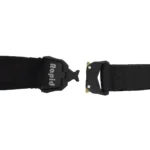 Two black nylon straps with a metal buckle system are shown apart, displaying the male and female ends ready to connect. "Rapid Release" is printed on one strap.