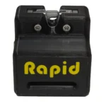 A black and yellow Rapid Remote Release pencil sharpener with "Rapid" in yellow on the front, featuring a metal blade at the top and a pencil slot.