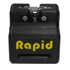 A black and yellow Rapid Remote Release pencil sharpener with "Rapid" in yellow on the front, featuring a metal blade at the top and a pencil slot.