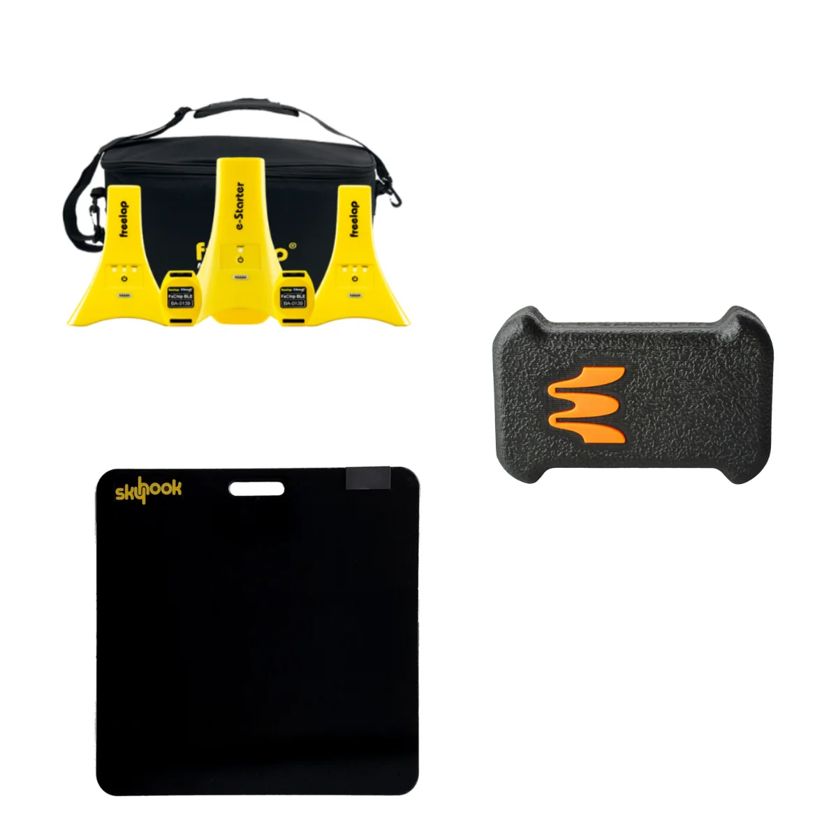 A set of yellow measuring devices with a black carrying case, a small black rectangular device with an orange logo, and a flat black square pad with a hole and skyhook label, all on a white background.