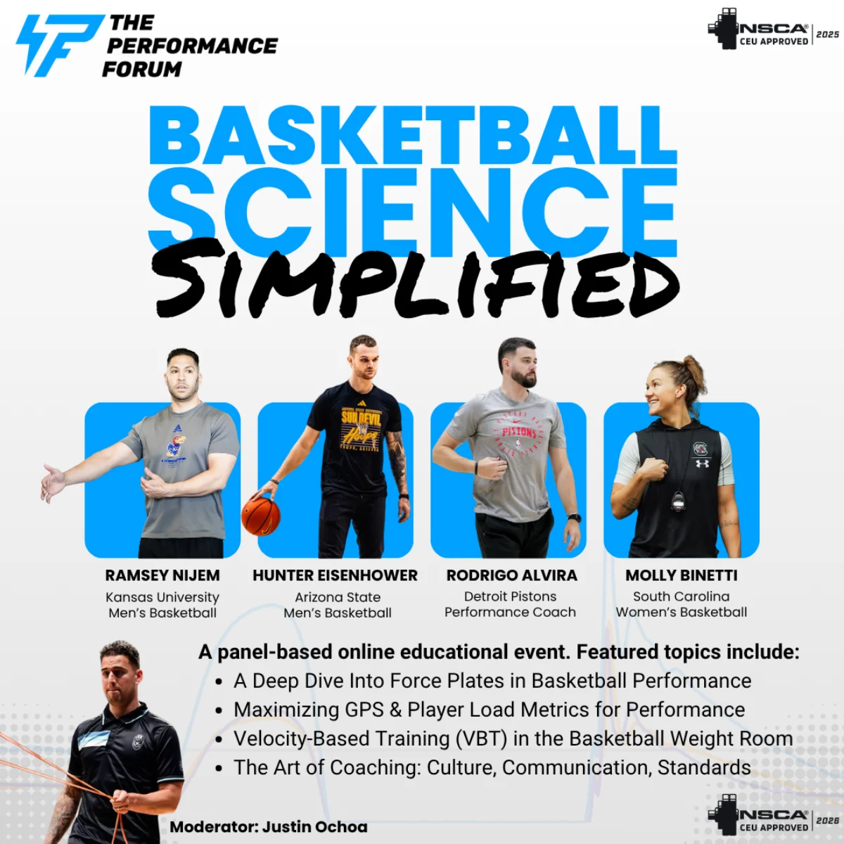 A promotional graphic for “The Performance Forum: Basketball Science Simplified” features panelists Ramsey Nijem, Hunter Eisenhower, Rodrigo Alvira, and Molly Binetti discussing performance, GPS, VBT, and coaching. Moderator: Justin Ochocki.