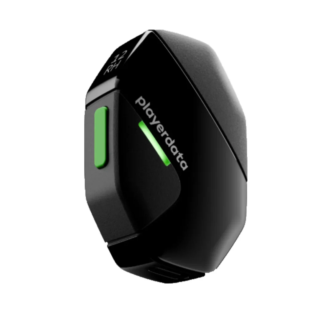 A black, angular electronic device with a green button and a green light, labeled playerdata on the side, isolated on a white background.