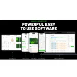 Five digital devices display PlayerData GPS sports analytics dashboards with charts, maps, and metrics on a black background. Text above reads, “Coaches & Athletes Get Powerful Easy To Use Software.” Labels highlight reports and tracking features.