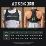 Two photos show a person wearing the PlayerData Connect black vest from the front and back. A sizing chart below lists sizes XXS–XXL, with chest measurements of 26–39 inches (66–99 cm) for each size.