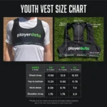 PlayerData Connect youth vest size chart (ages 8–14) with images: one showing a person wearing a black vest over a white shirt, the other displaying the vest flat with labels for chest, top to bottom, neck, and shoulder strap measurements.