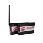 Two black electronic devices with antennas labeled Brower Timing Systems are positioned side by side on a white background.