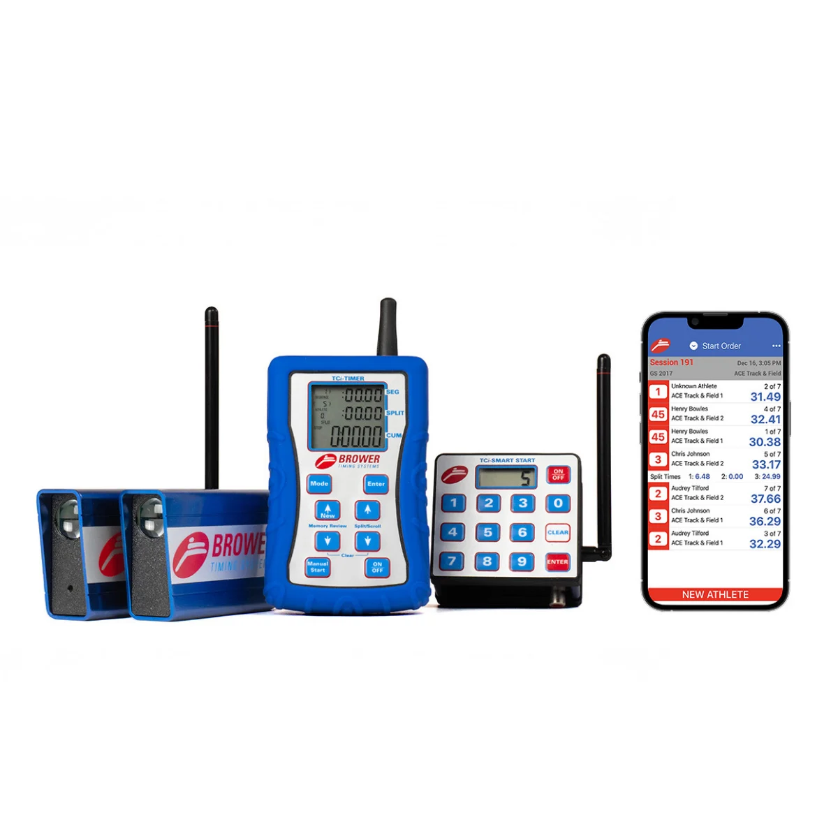 The Brower TCi Timing System-Smartphone includes blue digital timing devices with antennas, shown next to a smartphone displaying an athlete timing app interface with results and rankings.