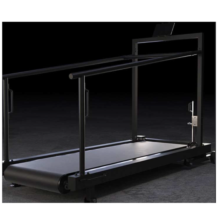 A black treadmill with sturdy side and front rails, a wide running belt, and a screen mounted at the front, set against a dark background.