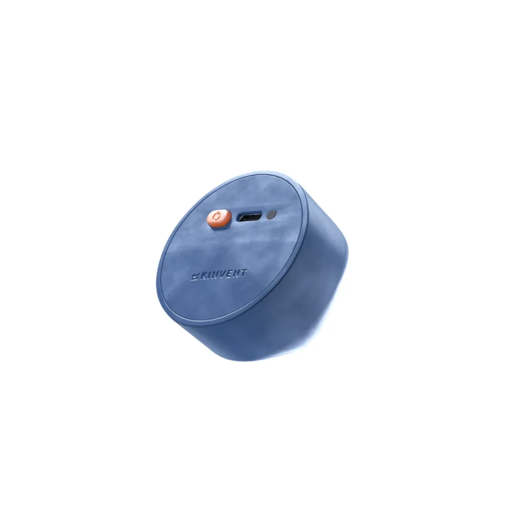 The KINVENT K-Bubble is a small, round, blue portable device featuring a power button, charging port, and the Kuwent brand name on its surface, shown isolated on a white background.