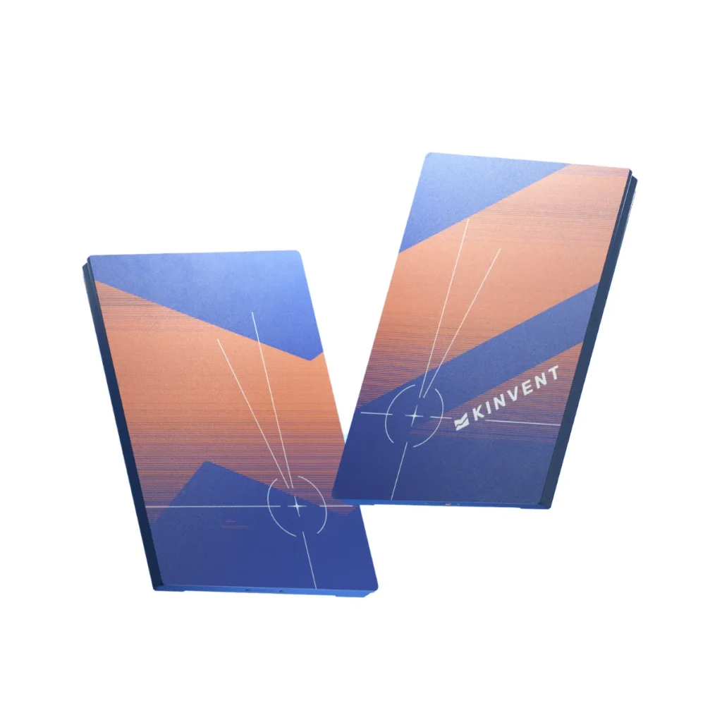 Two rectangular gradient blue-orange cards with abstract line designs, one featuring "KINVENT K-Deltas Portable Force Plates," displayed on a white background.
