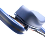 Close-up view of the KINVENT K-Push, a blue and gray mechanical hinge with a smooth, curved design, shown against a white background.