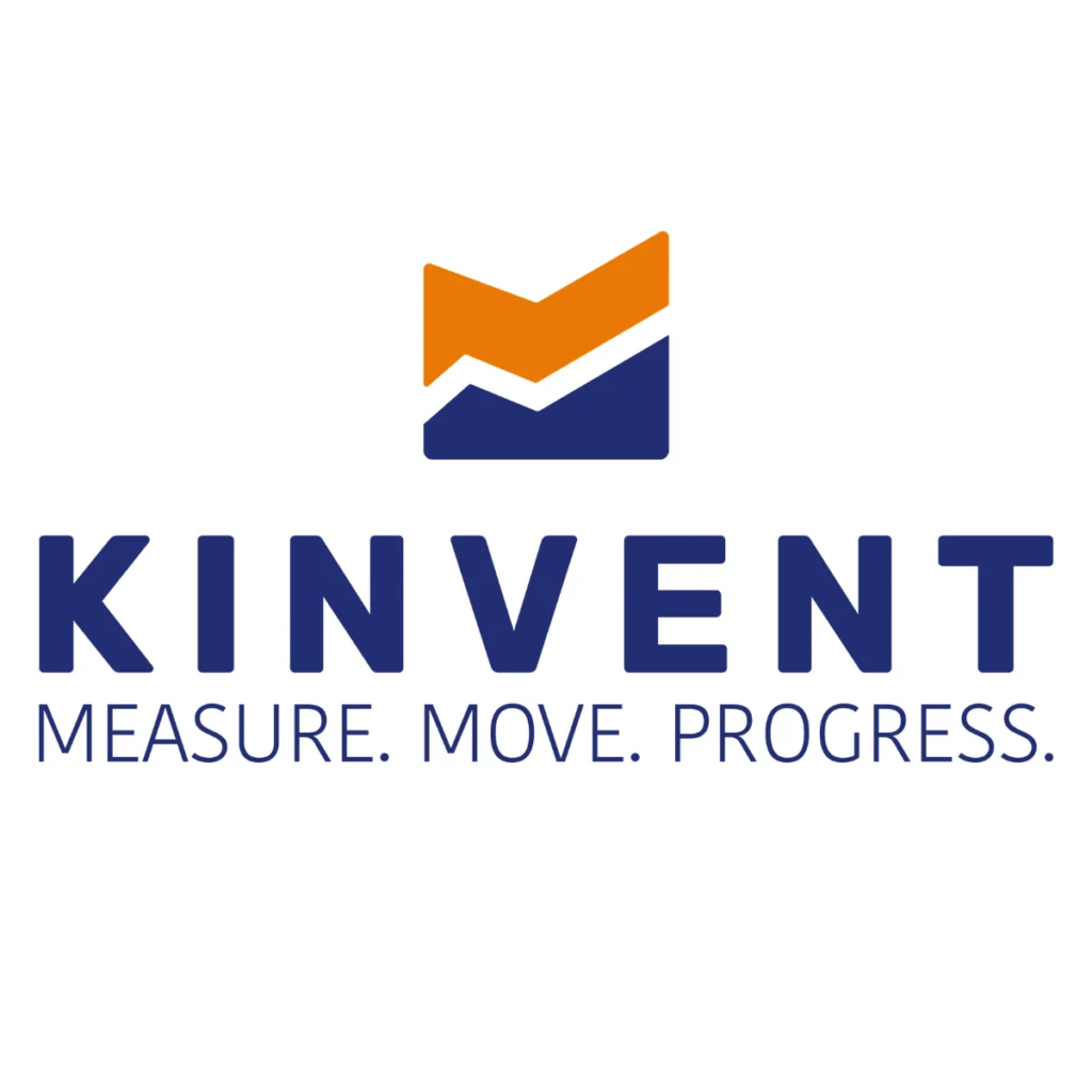 KINVENT logo with an orange and navy graphic above the word KINVENT in bold navy text. Below, the tagline reads: MEASURE. MOVE. PROGRESS. in uppercase navy letters.