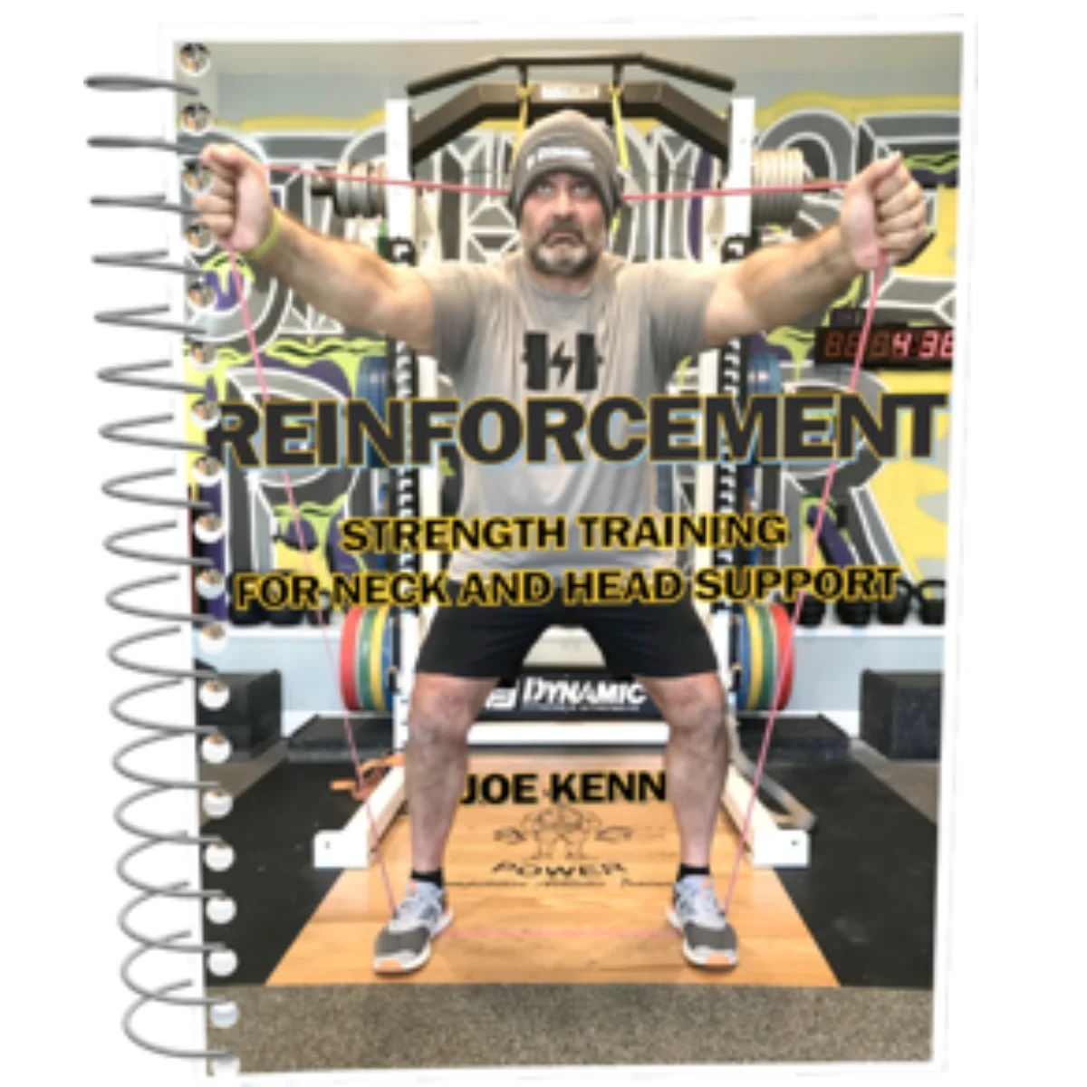 A man in athletic wear demonstrates a strength training exercise with resistance bands in a gym. The text reads: Conditioning for Strongman (Copy): Strength Training for Neck and Head Support. Joe Kenn.