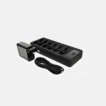 The Sportreact Lab Kit | X6 is shown on a plain white background, featuring a black charger with eight slots, accompanied by a power adapter and coiled black cable.