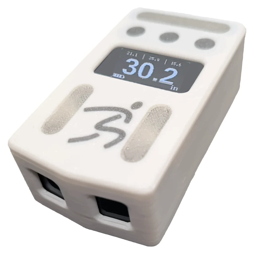 The Dashr Vert is a compact white electronic device featuring a screen showing 30.2 and other numbers, two ports, three round buttons, and a stylized figure logo on the front.