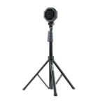 The Sportreact Core Kit | X4 is a compact black tripod with adjustable legs and a mounted rectangular LED light, ideal for photography or video recording, displayed against a white background.
