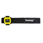 A yellow Freelap FxChip AB-6391 timing device is attached to a black Freelap Bike Strap (Copy) featuring the freelap logo printed in white on the strap.