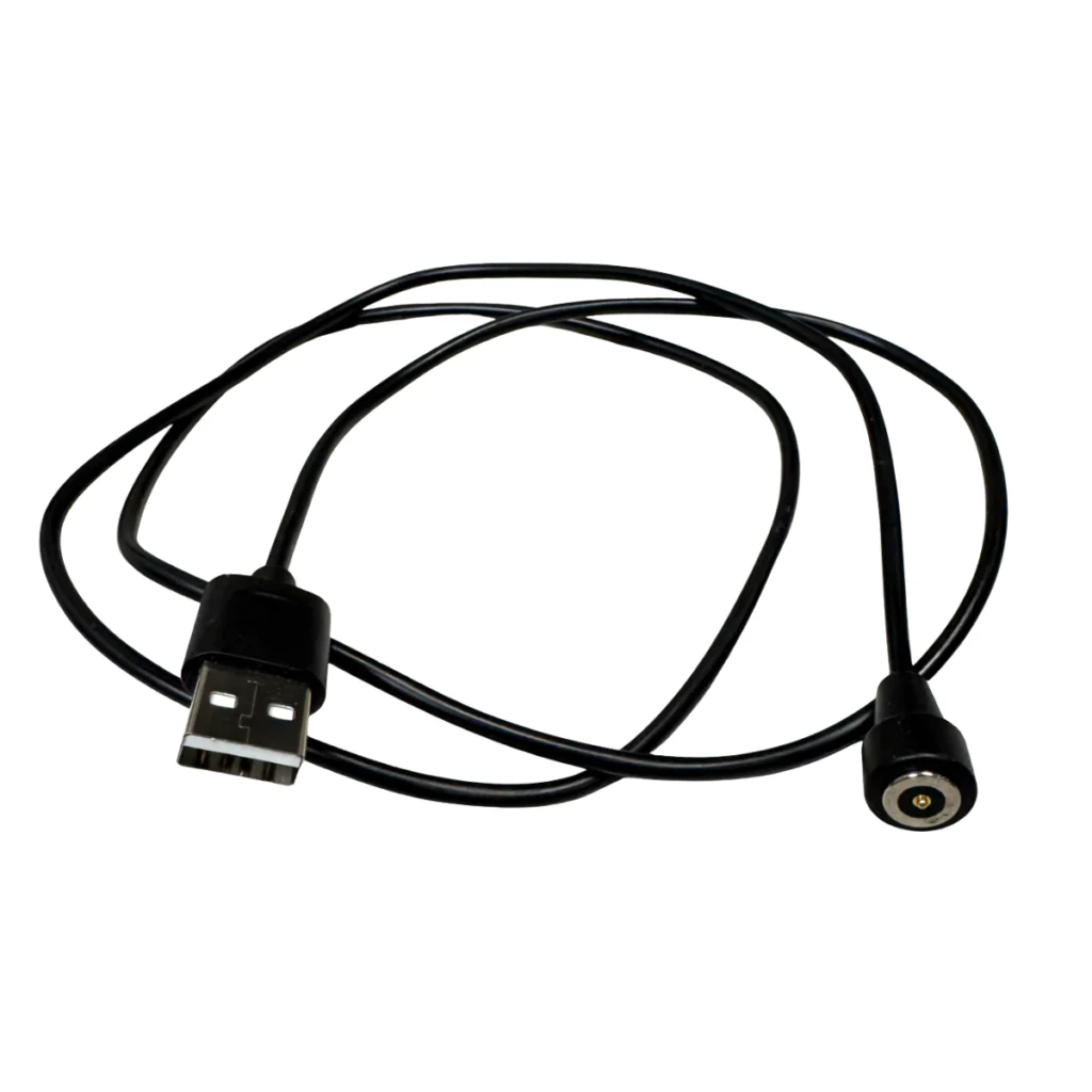 The Rapid Release Charging Cable is a black cable with a USB-A connector on one end and a round barrel connector on the other, shown coiled loosely on a white background.
