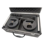 The Dashr 360 Display Pack comes in a silver carrying case with black foam interior, featuring two round black weights, a telescopic rod, and various metallic components organized in custom cutouts.