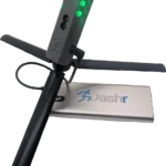 A Dashr Silver 2-Gate System features a black and metal sensor with four green lights and a camera, mounted on a stand. The base displays the Dashr logo.