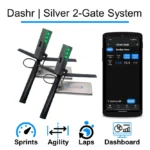 The Dashr Silver 2-Gate System includes two electronic devices with green lights and an app on a smartphone. Icons represent sprints, agility, laps, and dashboard features.