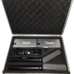 A foam-padded open carrying case showcases electronic sensors, timing gate equipment, and cables from the Dashr Silver 2-Gate System, likely used for athletic performance testing. The Dashr label is visible on some components.