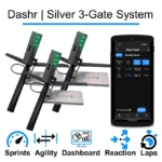 Image of the Dashr Silver 3-Gate System showing three sensor gates and a smartphone app interface. Icons labeled Sprints, Agility, Dashboard, Reaction, and Laps appear at the bottom.