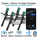 Four electronic timing systems with stands and green lights are showcased beside a smartphone displaying running stats. Icons for sprints, agility, dashboard, reaction, and laps are visible at the bottom. The text reads Dashr Silver 4-Gate System.