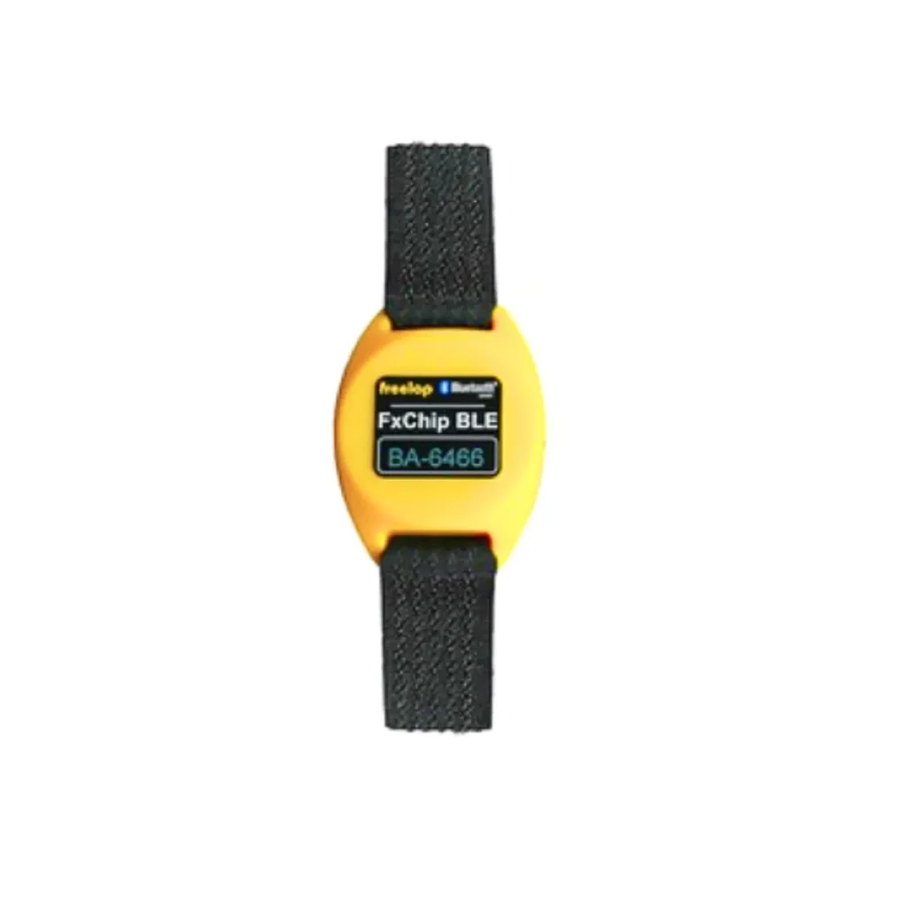 A yellow Freelap Ski Boot Strap (Copy) with a black strap is shown against a white background.