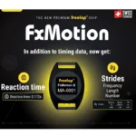 A promotional graphic for the FxMotion chip by Freelap shows a black wearable device displaying FxMotion MA-0001. It highlights features like reaction time (0.172s), stride frequency, length, and number. Swiss Technology logo is present.