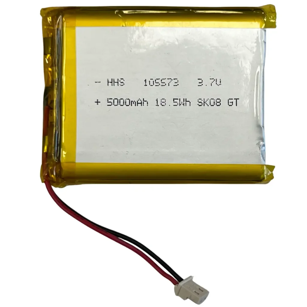 A Freelap Relay Lithium Rechargeable Battery features a rectangular lithium-polymer design, yellow tape edges, black and red wires, a white connector, and a label: 105573 3.7V 5000mAh 18.5Wh SK08 GT.