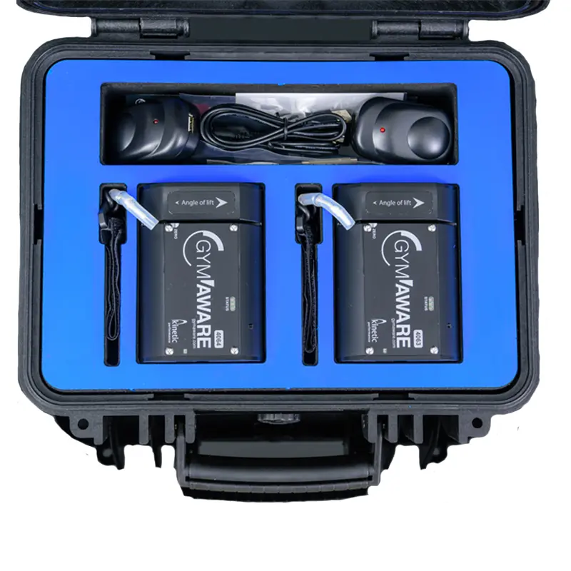 The GymAware 2 Unit Kit includes a carrying case with two devices, straps, and two sensors on a blue foam base. The lid features a compartment for cables.