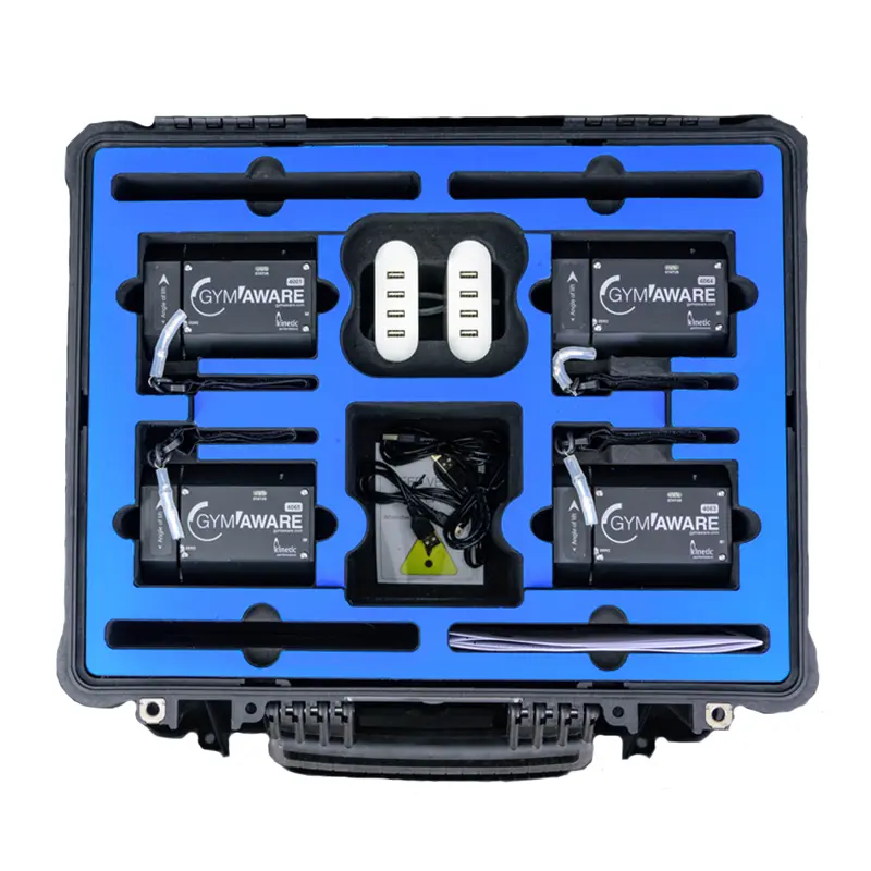 The GymAware 4 Unit Kit includes a black case with four devices, two white rectangular chargers, and various charging cables, all neatly arranged in a blue foam insert.