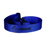 A GymAware Jump Strap in blue nylon with a black plastic buckle and AM AWARE printed in black.