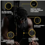 A person using the Iron Neck Alpha Harness Plus with labeled features: 2X side straps, vertical head strap, ultra-durable stitching, stainless steel D-ring/carabiner connection, and nylon tether for smoother lifts.