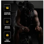 A person using the Iron Neck Alpha Harness Plus sits on a gym bench. Nearby text and icons state: Increase Neck Size, Reduce Injuries, and Free Training in a dimly lit gym setting.