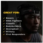 A focused man wears the Iron Neck Alpha Harness Plus. Text on the image highlights its recommended uses: Boxers, MMA Fighters, Crossfit, Bodybuilders, Strongmen, Military personnel, and First Responders.