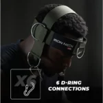 A person wearing the Iron Neck Alpha Harness with six D-ring connections is photographed against a dark background. The text reads 6 D-Ring Connections.