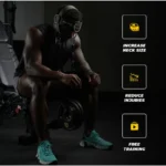A person sits on a gym bench, using the Iron Neck Alpha Harness for neck training. The benefits highlighted include increased neck size, reduced injuries, and free training. In a dark background, they hold weights and wear bright teal shoes.