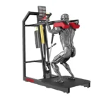 A grayscale muscular mannequin uses the Keiser A300 Squat Pro Model 1534, featuring a display panel, handles, and padded shoulder rests on a sturdy platform for squat exercises.