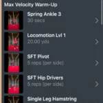 A mobile app screen from the Kula Sports Performance Global Coaching Platform showcases a workout timer and an exercise list featuring Spring Ankle 3, Locomotion Lvl 1, SFT Pivot, SFT Hip Drivers, and Single Leg Hamstring Isometric on a black background with red accents.