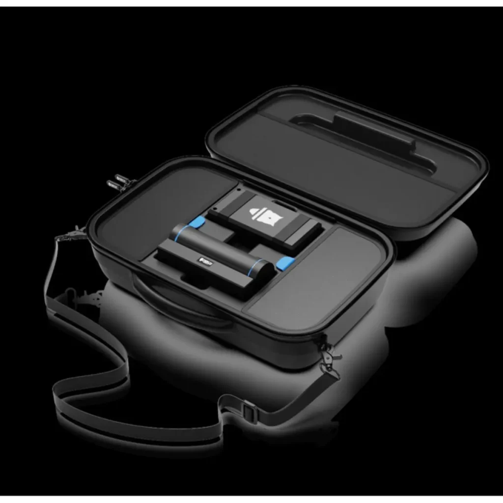 A black carrying case with a shoulder strap is open to reveal organized compartments holding two black Perch Camera devices and a rectangular accessory, all with blue accents, on a black background.