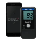 A Pocket Radar Smart Coach App System Bundle with a display showing 93 MPH is next to a smartphone running the Pocket Radar app.