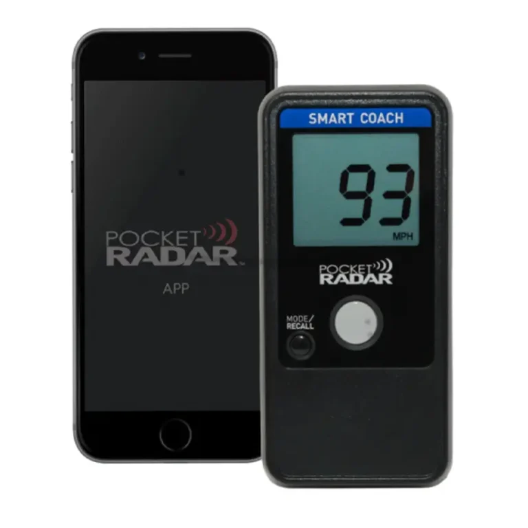 A Pocket Radar Smart Coach App System Bundle with a display showing 93 MPH is next to a smartphone running the Pocket Radar app.