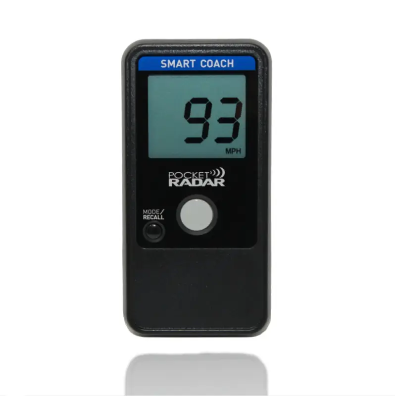 The Pocket Radar Smart Coach Radar App System (Model SR1100) handheld device displays 93 MPH on its screen, labeled Smart Coach at the top and Pocket Radar below.