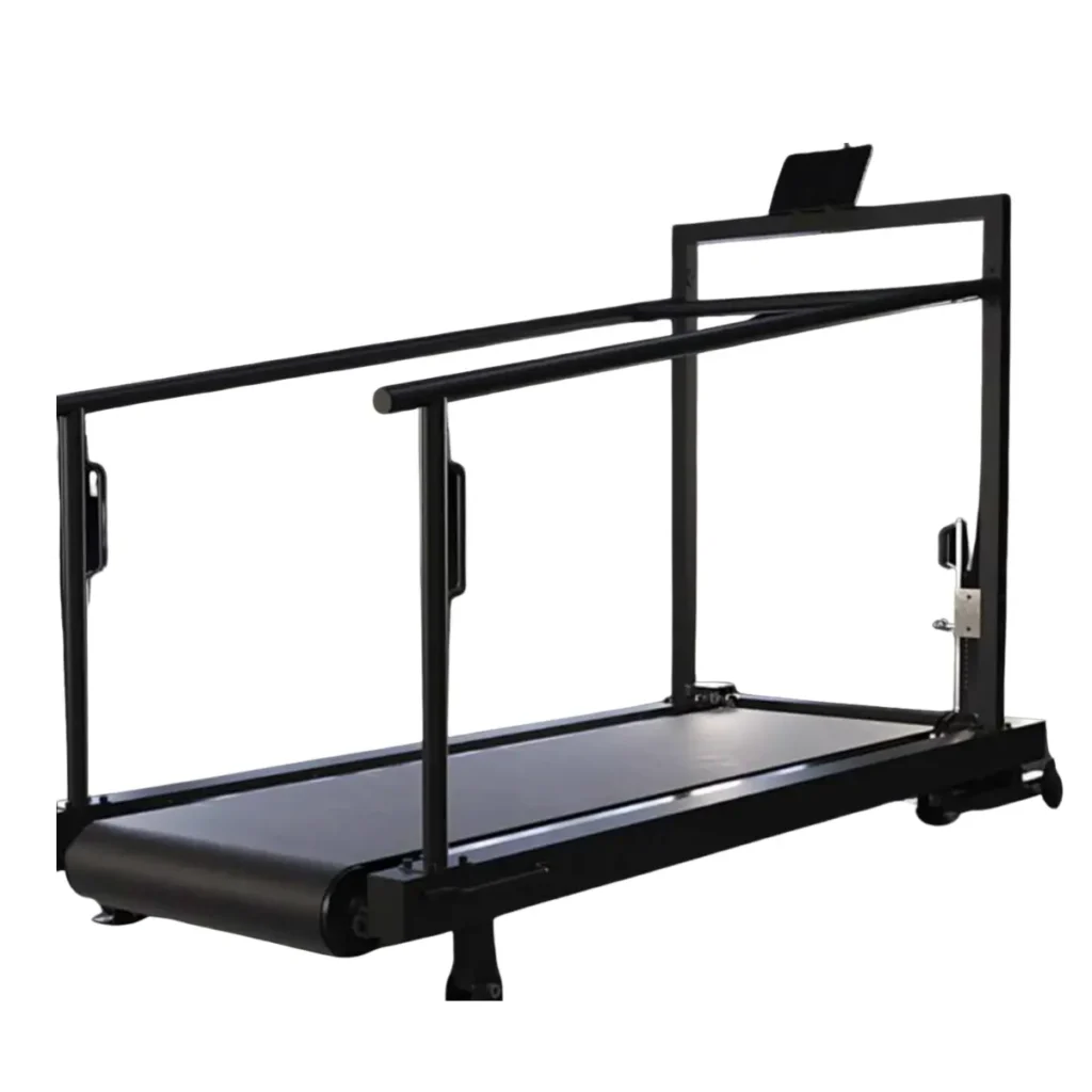 The SHREDmill is a black treadmill featuring extended safety handrails and a front-frame tablet holder, ideal for indoor walking or running workouts.