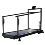 The SHREDmill is a black treadmill featuring extended safety handrails and a front-frame tablet holder, ideal for indoor walking or running workouts.