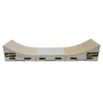 The Skyhook Modular Plyo Box Curved is a mini ramp made of light-colored wood featuring black Skyhook logos on each side, a flat center, and curved ends—ideal for performing tricks.