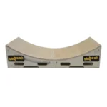 The Skyhook Modular Plyo Box Curved is a wooden, curved ramp with two connected sections, each labeled "skyhook" in yellow on black. It features cutout handles at the bottom for easy carrying.